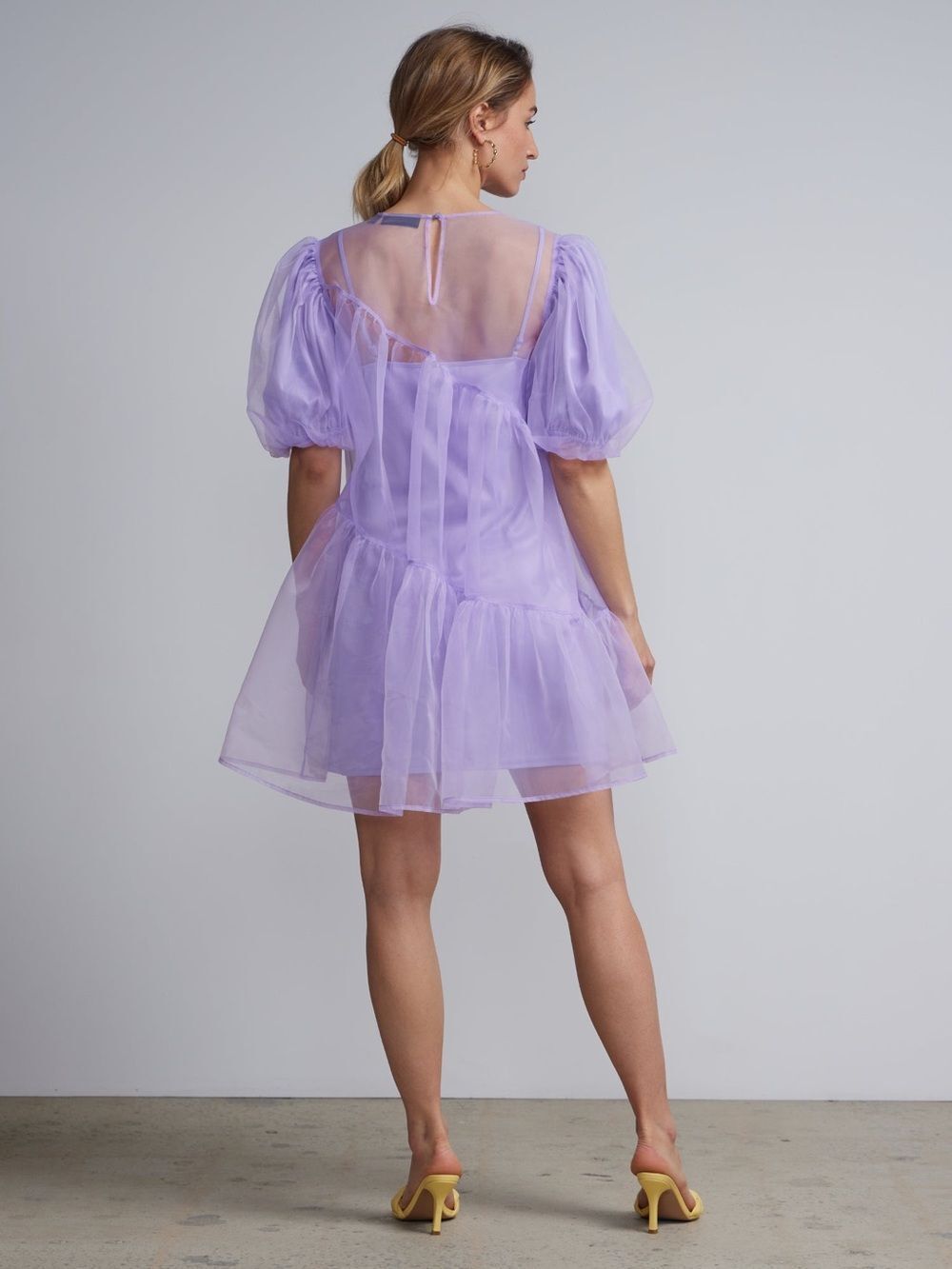 New York & Co Organza puff sleeve bubble dress- Dreamy Lilac - Picture 2 of 5